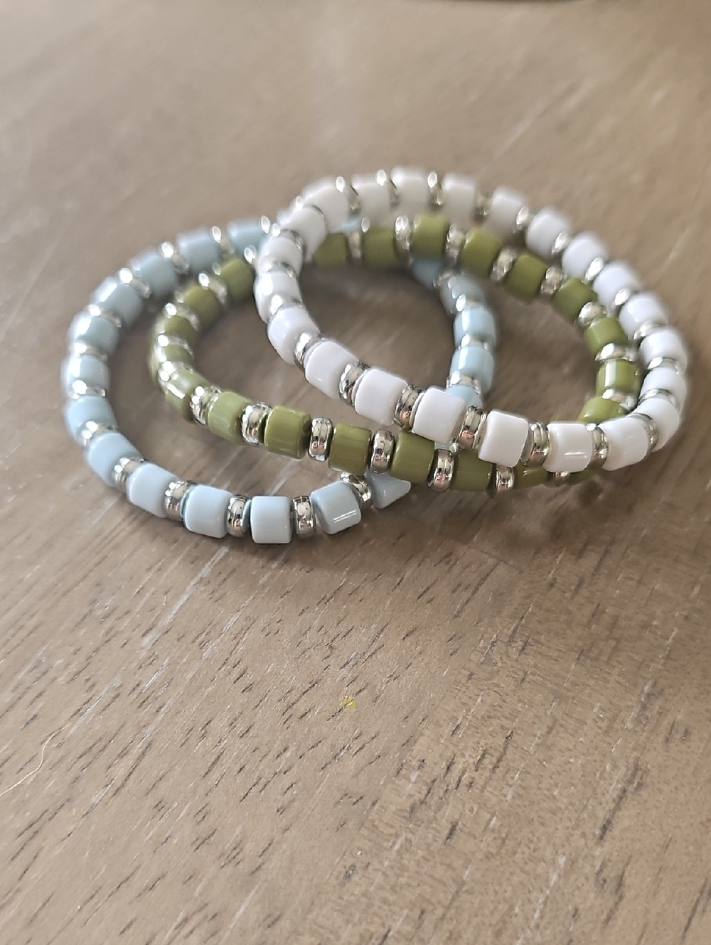 Layered Beaded Stretch Bracelet Set - White, Light Blue & Olive